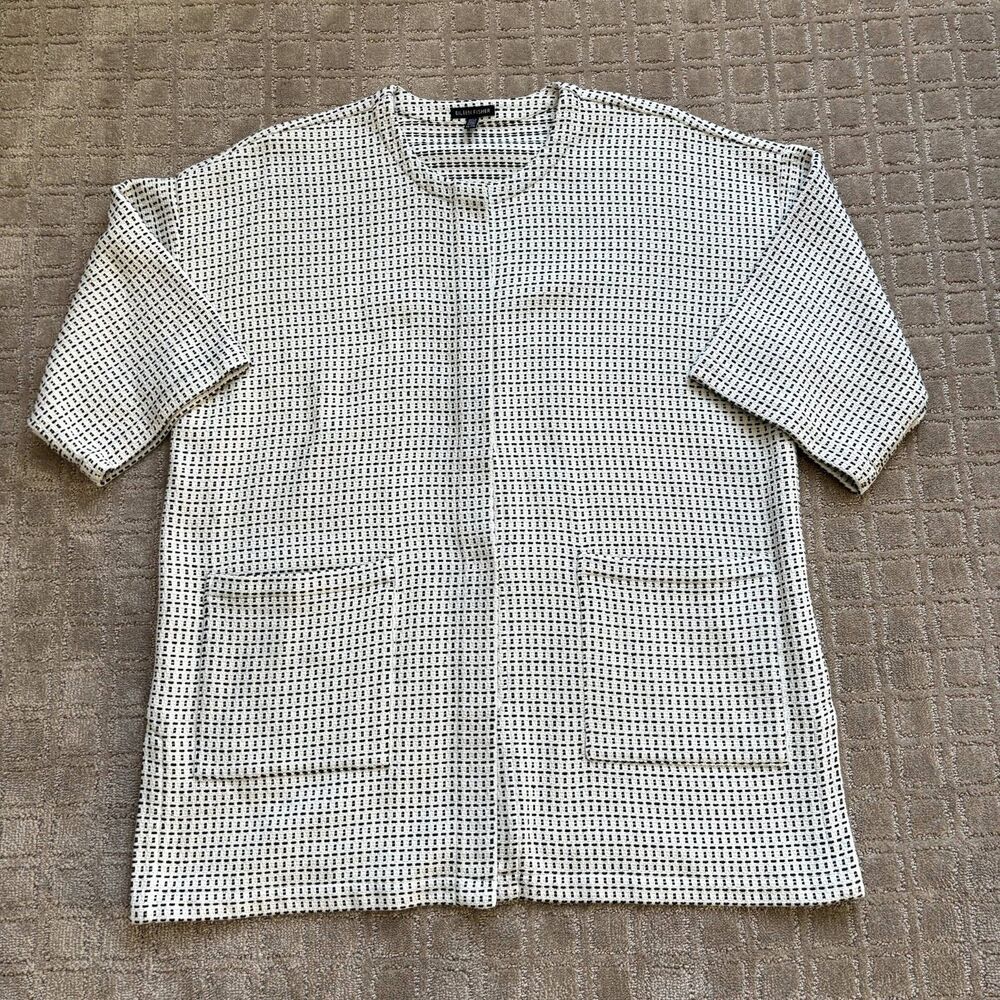 Eileen Fisher Short Sleeve Jacket Women XL White Black Snap Front Organic Cotton